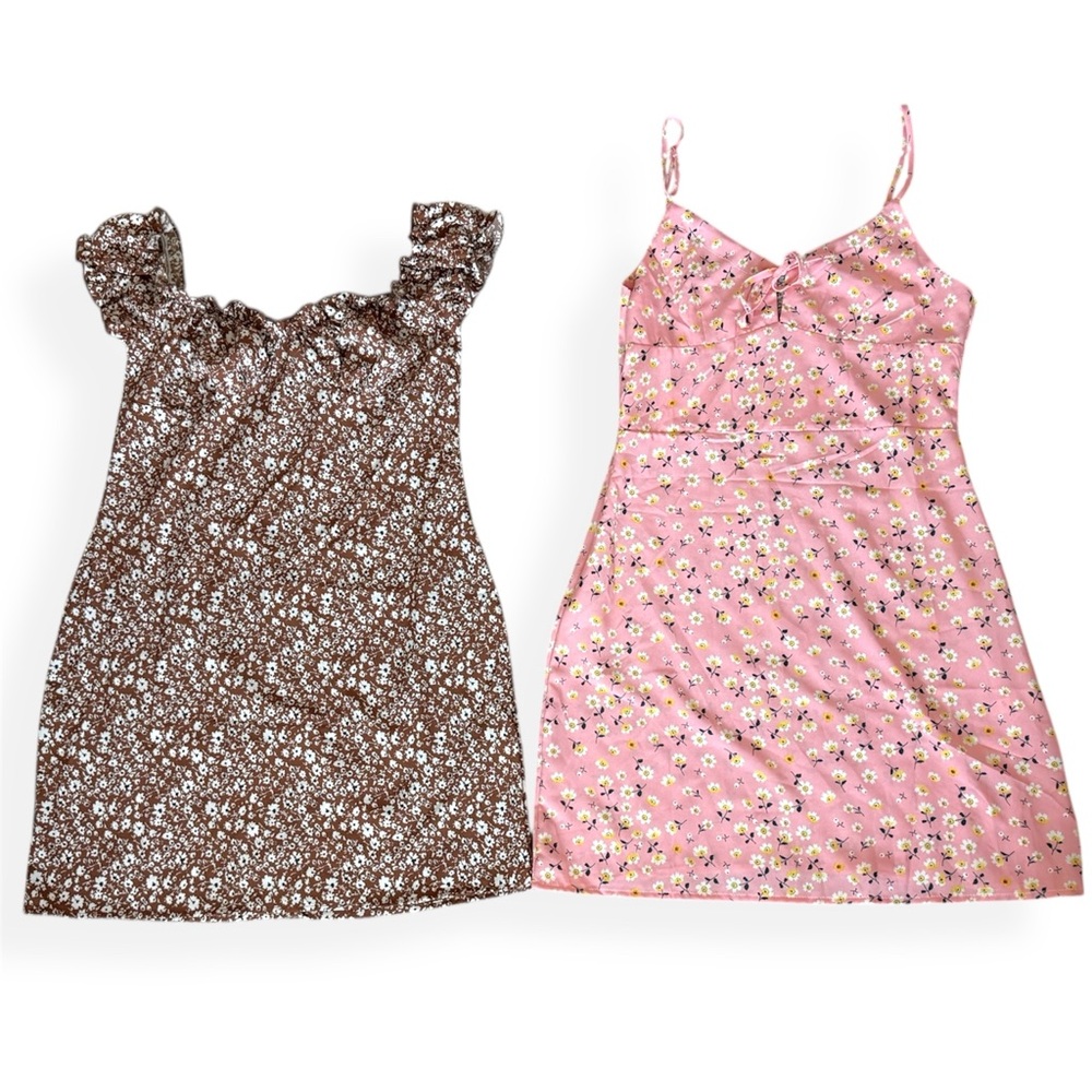 SHEIN Dress Bundle Size Large L Floral Mini Sundress Cami Pink Brown Cottagecore